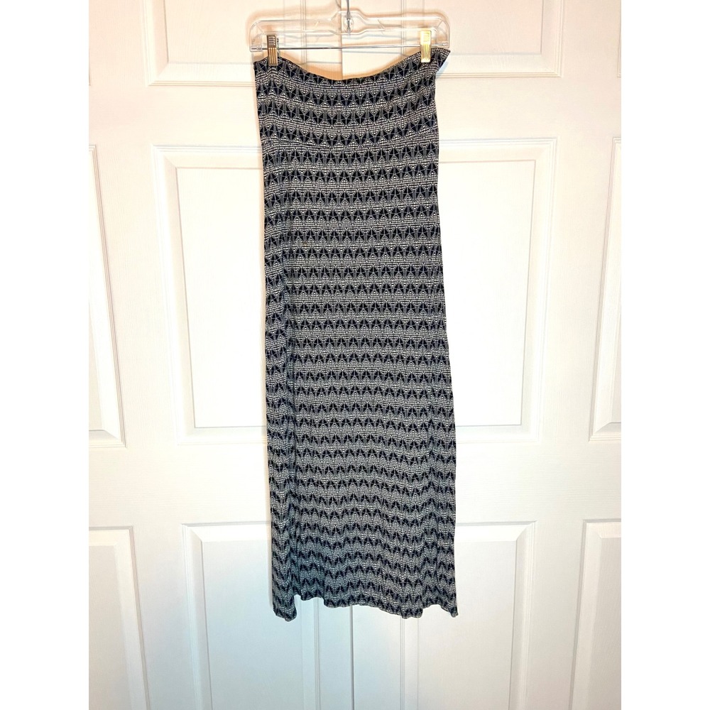 Geometric Tribal Print Maxi Skirt Black White Stretch Back Slit M